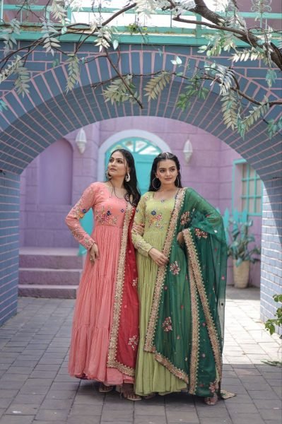 Round Neck Georgette Embroidered Gown With Dupatta  Anarkali Kurtis 