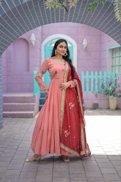 Round Neck Georgette Embroidered Gown With Dupatta  Anarkali Kurtis 
