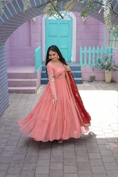 Round Neck Georgette Embroidered Gown With Dupatta  Anarkali Kurtis 