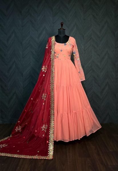 Round Neck Georgette Embroidered Gown With Dupatta  Anarkali Kurtis 