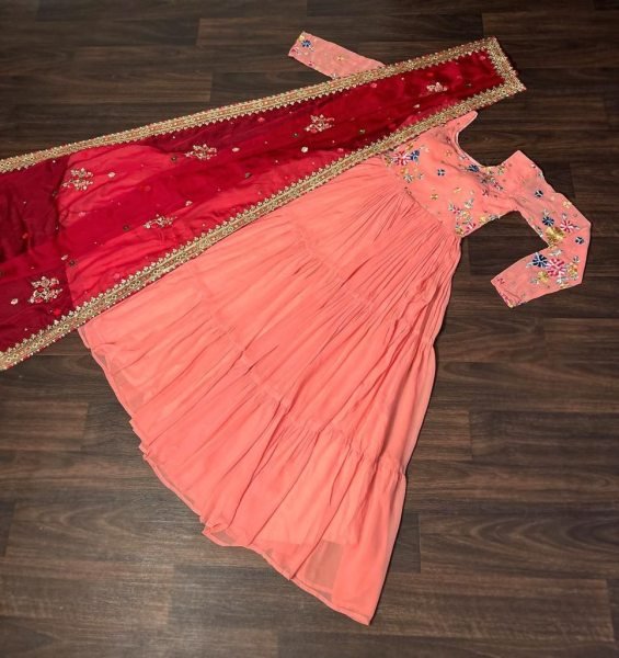 Round Neck Georgette Embroidered Gown With Dupatta  Anarkali Kurtis 