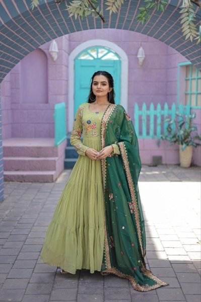Round Neck Georgette Embroidered Gown With Dupatta  Anarkali Kurtis 