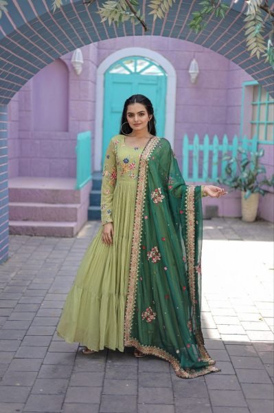 Round Neck Georgette Embroidered Gown With Dupatta  Anarkali Kurtis 