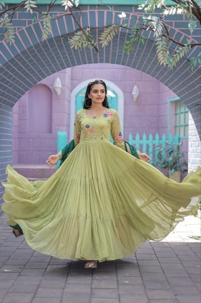 Round Neck Georgette Embroidered Gown With Dupatta  Anarkali Kurtis 