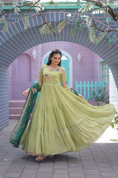 Round Neck Georgette Embroidered Gown With Dupatta  Anarkali Kurtis 