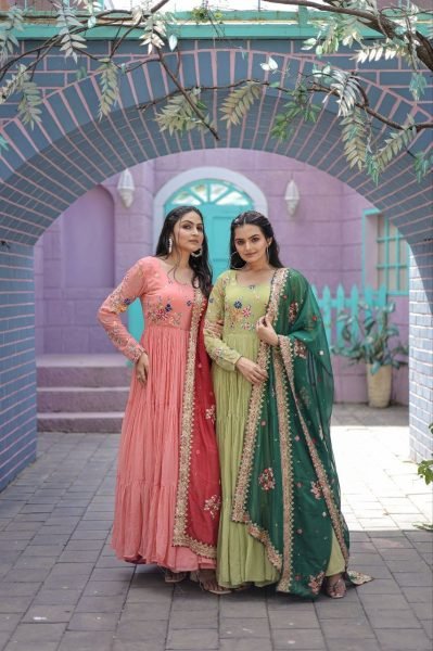 Round Neck Georgette Embroidered Gown With Dupatta  Anarkali Kurtis 