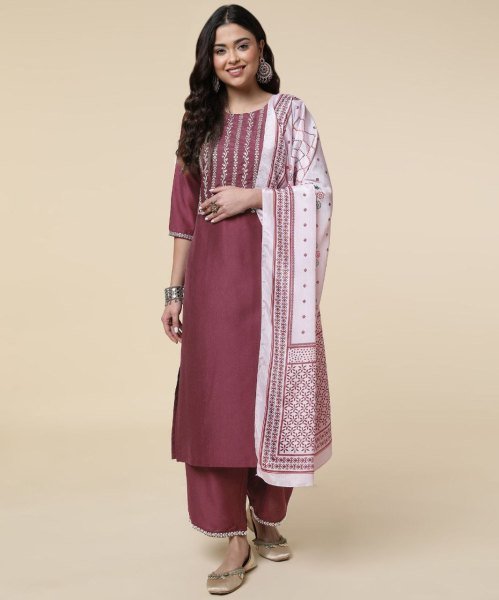 Round Neck Silk Kurti Plazzo Set With Embroidered Work  3 Piece Kurti Set