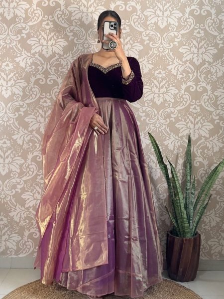 Royal 9000 Velvet Gown with Intricate Hand Work and Elegant Cut Work Dupatta Designer Party Wear Kurti With Dupatta Wholesale
