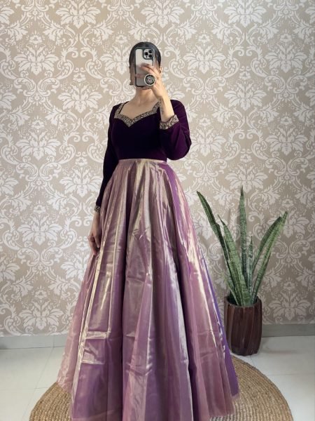 Royal 9000 Velvet Gown with Intricate Hand Work and Elegant Cut Work Dupatta Designer Party Wear Kurti With Dupatta Wholesale