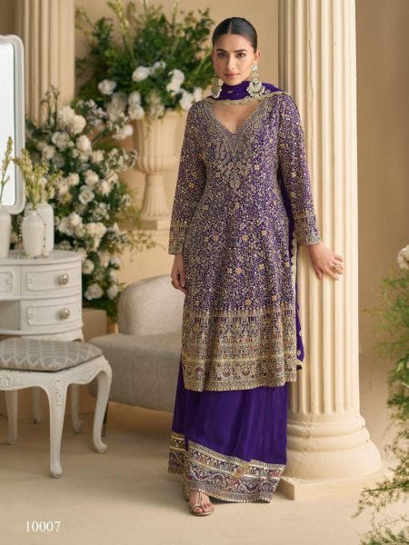 Royal Amethyst Georgette Palazzo Suit Swarovski Embroidery for Evening Glam 