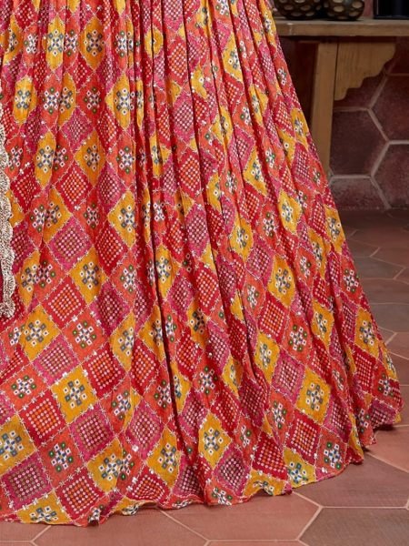 Wedding Showstopper Bandhani Chinnon Lehenga with Mirror Blouse & Pearl Dupatta Set Designer Lehenga Choli