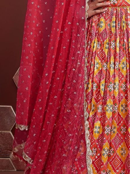 Wedding Showstopper Bandhani Chinnon Lehenga with Mirror Blouse & Pearl Dupatta Set Designer Lehenga Choli