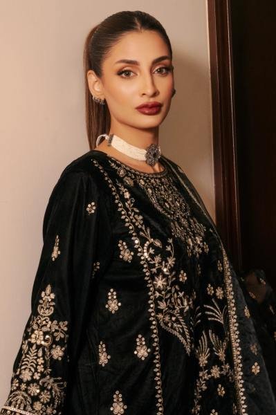 Royal Black Pakistani Natural Crepe Salwar Kameez with Embroidery and Net Dupatta  Ready To Wear Collection