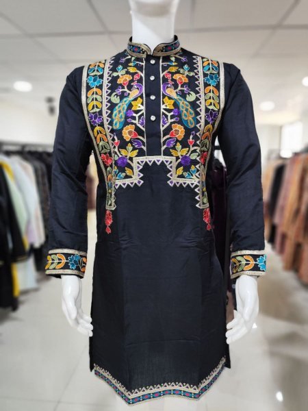 Royal Black Silk Embroidered Kurta Pajama for Men Designer Wedding Collection Mens Wear