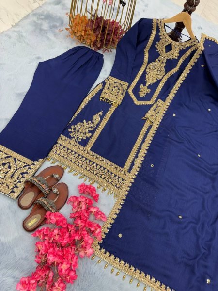Royal Blue Chinon Silk Embroidered Work Salwar Suit Ready To Wear Collection