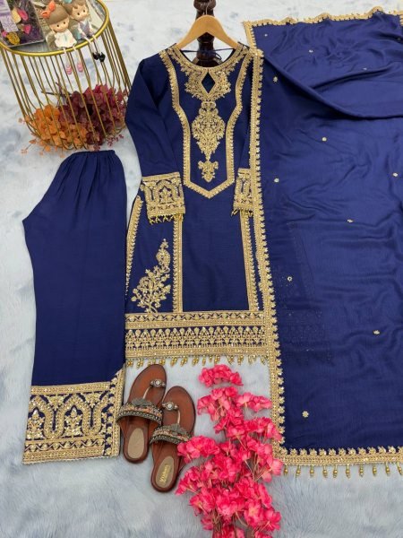 Royal Blue Chinon Silk Embroidered Work Salwar Suit Ready To Wear Collection
