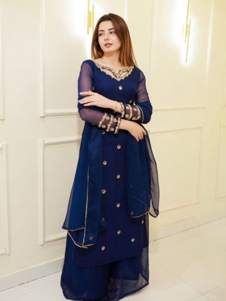 Royal Blue Faux Georgette Embroidery Palazzo Suit with Long Sleeve Top and Matching Dupatta Ready to Wear  
