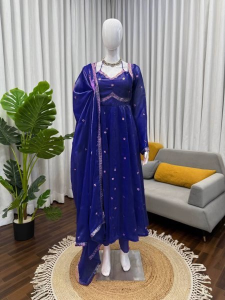 Royal Blue Fendy Silk Thread with Sequnce Anarkali with Matching Pant and Dupatta  for Exporters   Georgette Kurti 