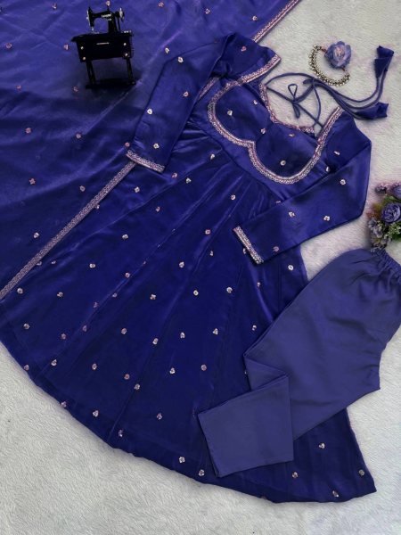 Royal Blue Fendy Silk Thread with Sequnce Anarkali with Matching Pant and Dupatta  for Exporters   Georgette Kurti 