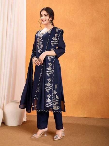 Royal Blue Fully Stitch Silk Embroidered Suit with Dupatta Set with Fine Embroidery for & Reception Wear Embroidery Kurtis 