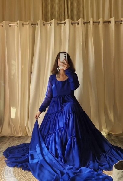 Royal Blue Georgette Round Nack Gown With Dupatta Kurti With Dupatta Wholesale