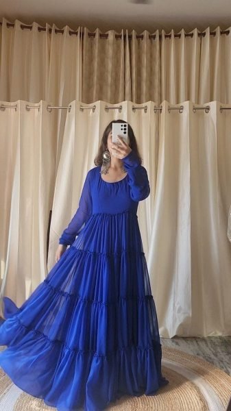 Royal Blue Georgette Round Nack Gown With Dupatta Kurti With Dupatta Wholesale