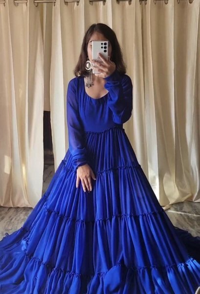 Royal Blue Georgette Round Nack Gown With Dupatta Kurti With Dupatta Wholesale
