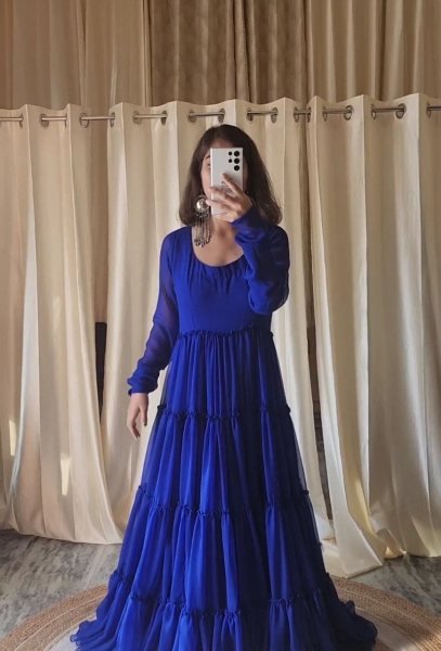 Royal Blue Georgette Round Nack Gown With Dupatta Kurti With Dupatta Wholesale