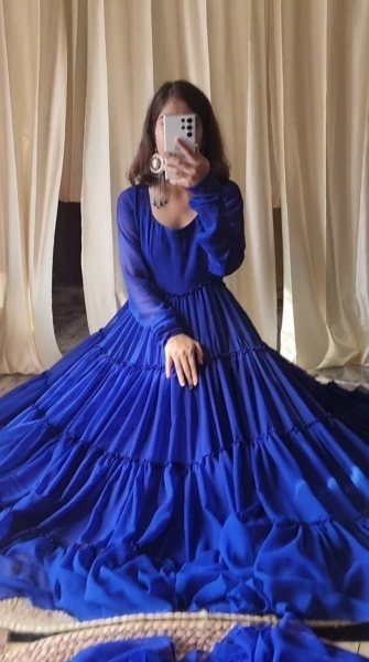 Royal Blue Georgette Round Nack Gown With Dupatta Kurti With Dupatta Wholesale