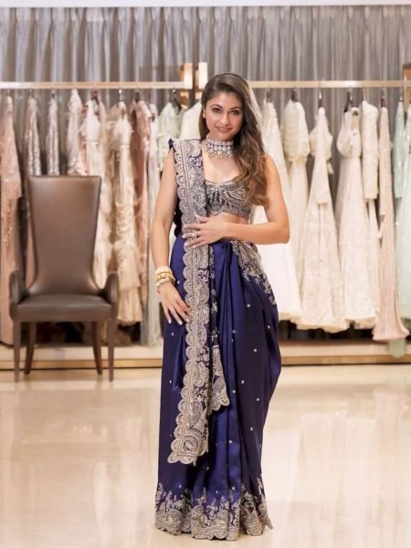 Grand Wedding Look Royal Blue Rangoli Silk Saree with Heavy Sequin   Cording Work 