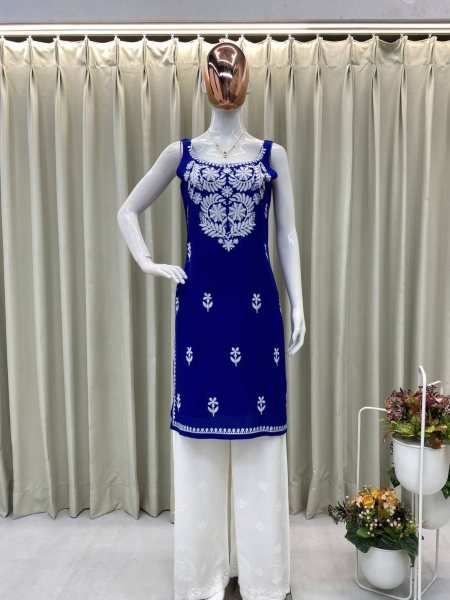 Royal Blue Reyon Kurti Set with Chikankari Touch Bold Ethnic Vibe for Celebrations Lucknowi Chikankari Kurtis Wholesale