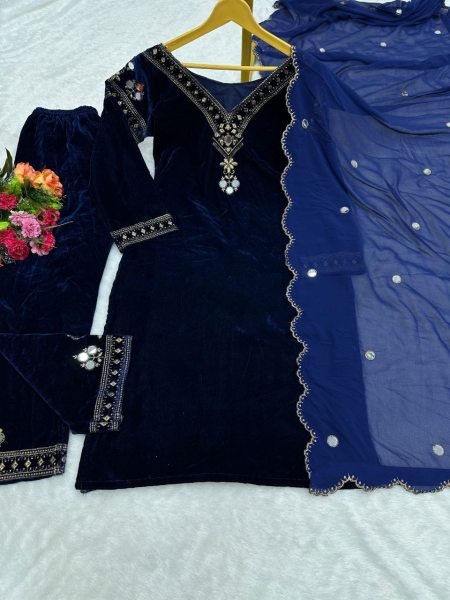 Royal Blue Velvet Kurti Set With Dupatta  3 Piece Kurti Set