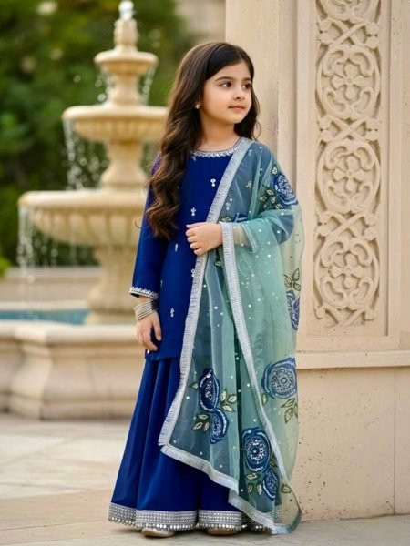 Royal Blue Viscose Velvet Embroidered Top,Sharara Set with Organza Dupatta for Wedding Wear Girls Wear