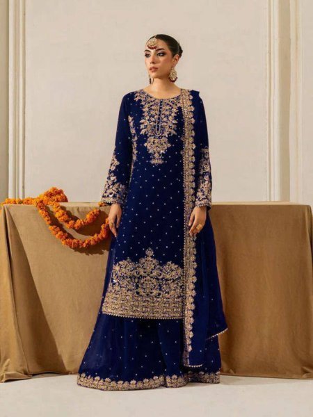 Royal Blue Winter Wear Velvet Embroidered Sequence Work Suit Set for Festive Nights Wear Ready To Wear Suit