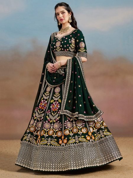 Bloom Green Georgette Bridal Lehenga with Multi Thread Embroidery for Mehendi Function  Lehenga