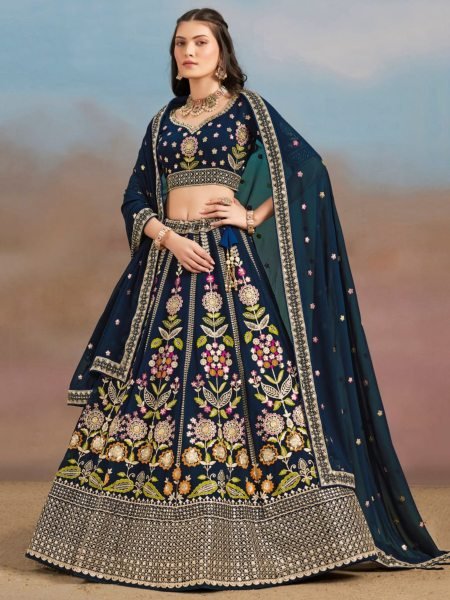 Navy Blue Georgette Lehenga with Multi Thread Embroidery for Evening Wedding Glam  Lehenga