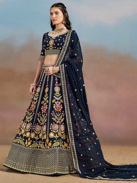 Navy Blue Georgette Lehenga with Multi Thread Embroidery for Evening Wedding Glam Bridal Lehenga Choli