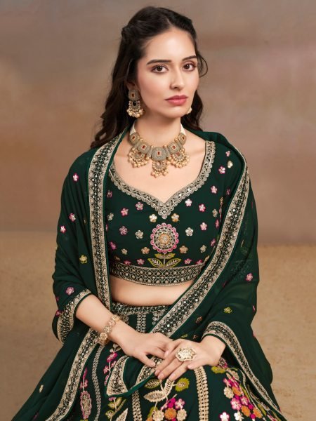 Bloom Green Georgette Bridal Lehenga with Multi Thread Embroidery for Mehendi Function Bridal Lehenga Choli