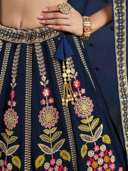 Navy Blue Georgette Lehenga with Multi Thread Embroidery for Evening Wedding Glam Bridal Lehenga Choli