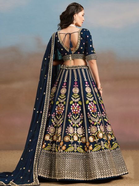 Navy Blue Georgette Lehenga with Multi Thread Embroidery for Evening Wedding Glam Bridal Lehenga Choli