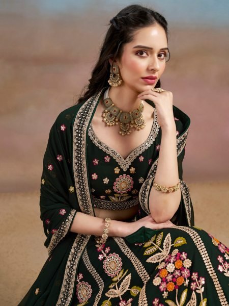 Bloom Green Georgette Bridal Lehenga with Multi Thread Embroidery for Mehendi Function Bridal Lehenga Choli