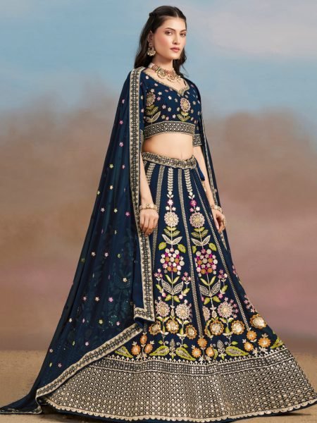 Navy Blue Georgette Lehenga with Multi Thread Embroidery for Evening Wedding Glam Bridal Lehenga Choli