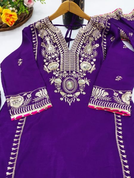 Royal Elegance Deep Purple Premium Chinon Kurta Palazzo Set Ready to Wear Hot Selling Heavy Sequence Suit Ready To Wear Collection