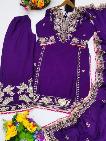 Royal Elegance Deep Purple Premium Chinon Kurta Palazzo Set Ready to Wear Hot Selling Heavy Sequence Suit Ready To Wear Collection