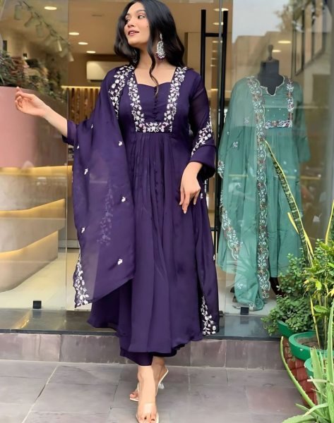 Royal Elegant Blue Pure Cotton 3 pc Kurti Set With Embroidered Neck Yoke Cotton Pant 