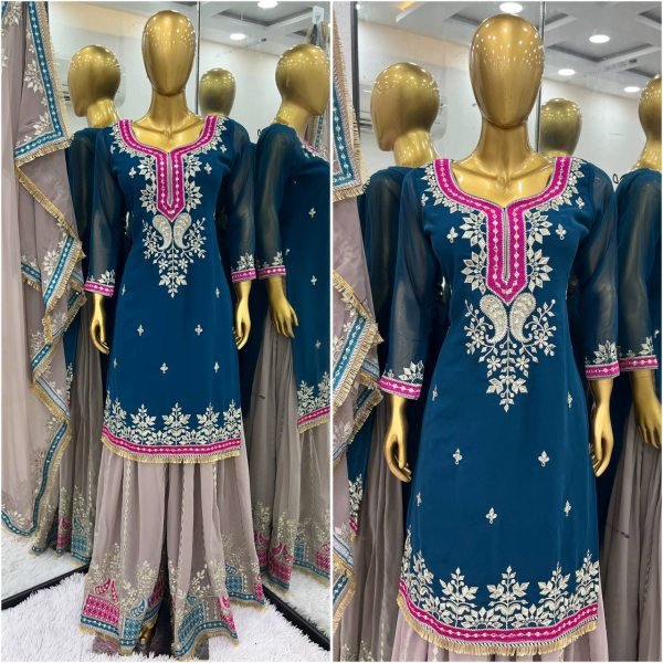 Royal Embroidered Sharara Suit Set in Pure Georgette Top with Mirror & Sequin Work, Paired with Heavy Flared Sharara Ready-to-Wear  Sharara Set