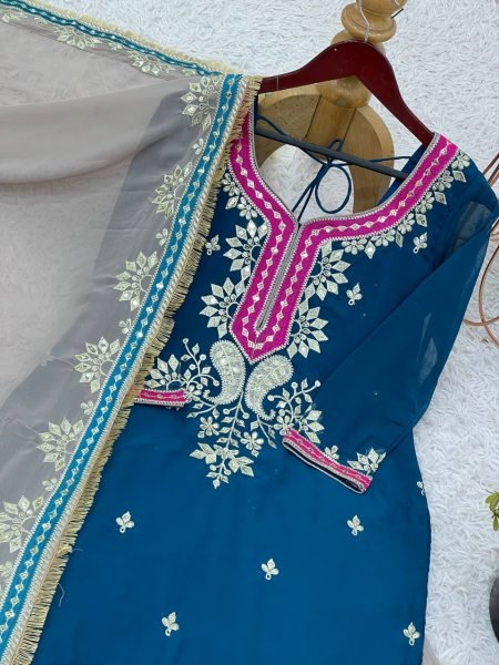 Royal Embroidered Sharara Suit Set in Pure Georgette Top with Mirror & Sequin Work, Paired with Heavy Flared Sharara Ready-to-Wear  Sharara Set