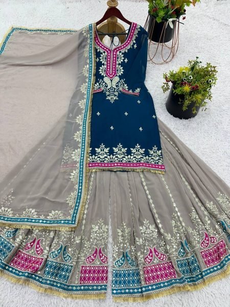 Royal Embroidered Sharara Suit Set in Pure Georgette Top with Mirror & Sequin Work, Paired with Heavy Flared Sharara Ready-to-Wear  Sharara Set