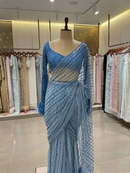 Royal Export Elegant Blue Embroidered Saree New Bollywood Blockbuster Sequin Design Bollywood Fancy Sarees Wholesale