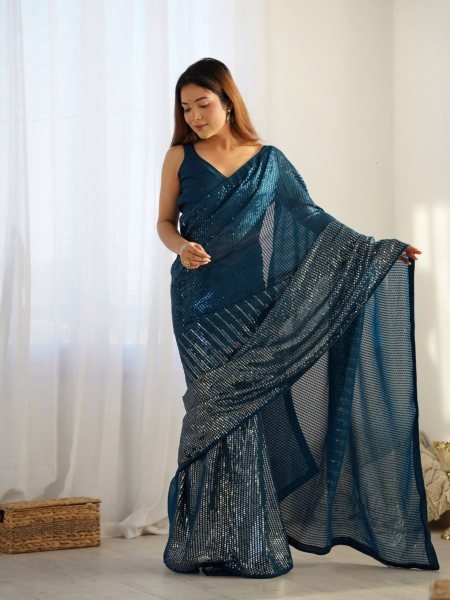 Royal Export Manufacturer Teal Blue Embellished Georgette Saree Online Designer Saree with Blouse at Factory Price 